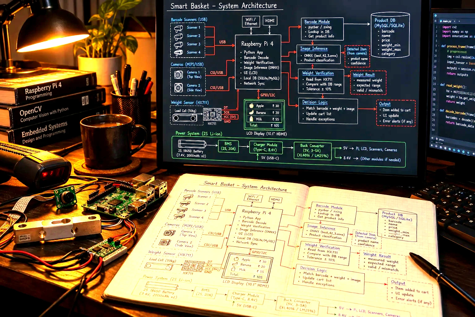 A workstation with system architecture open across several screens